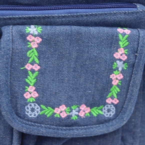 Vintage 90s Y2K Denim Messenger Bag Floral Embroidered Boho Purse - Picture 8 of 12